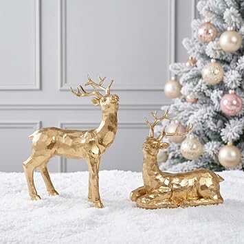 AOMOONOA Resin Reindeer Figurines for Christmas Decor, Gold Reindeer Statue