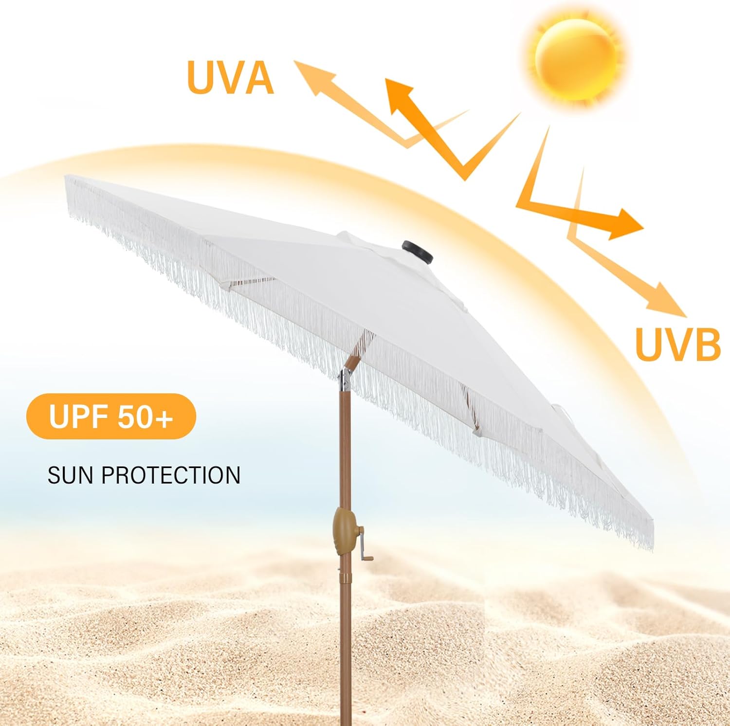 7.5 FT Patio Umbrella with Fringe and 18 LED Lights, Outdoor Tassel Beach Umbrella, Table Market Umbrellas with Crank
