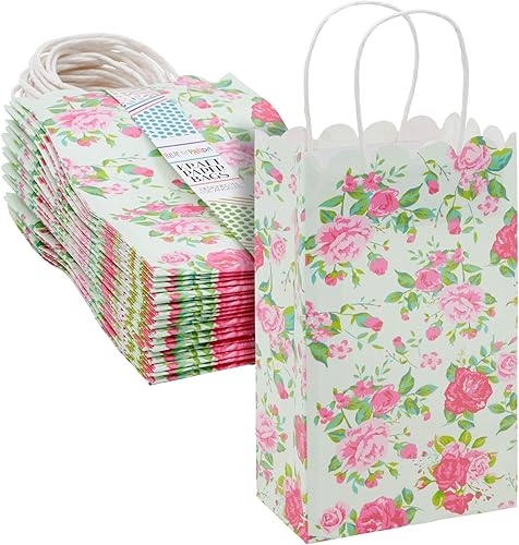 BLUE PANDA Paquete de 24 bolsas pequeñas de regalo florales con asas para el día de la madre, cumpleaños, boda, baby shower, recuerdos de fiesta