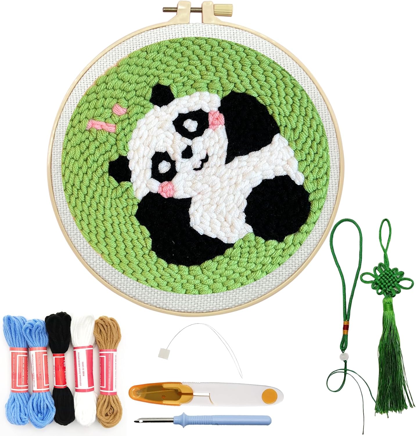 Danvk Panda Punch Embroidery Kit with Embroidery Fabric, Hoop,Scissor,Punch Needle and Yarns, Hand Craft Gift,DIY Embroidery Kits, Hand Punch Needle Kit for Women and Beginners(Panda-Smiling)