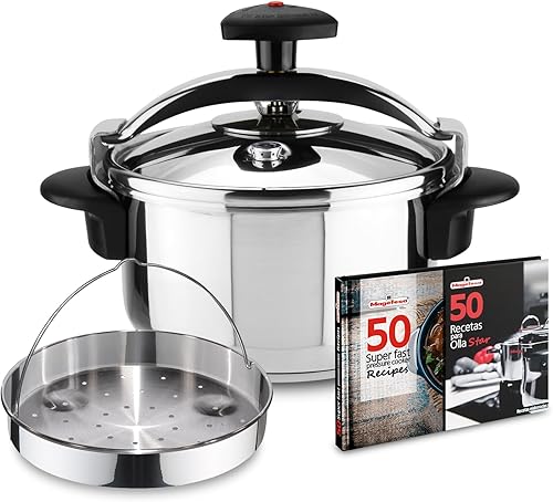 Magefesa Star Exclusivo juego de olla a presión de 4.2 cuartos de galón, incluye cesta de vapor y libro de recetas, acero inoxidable 1810, inducción