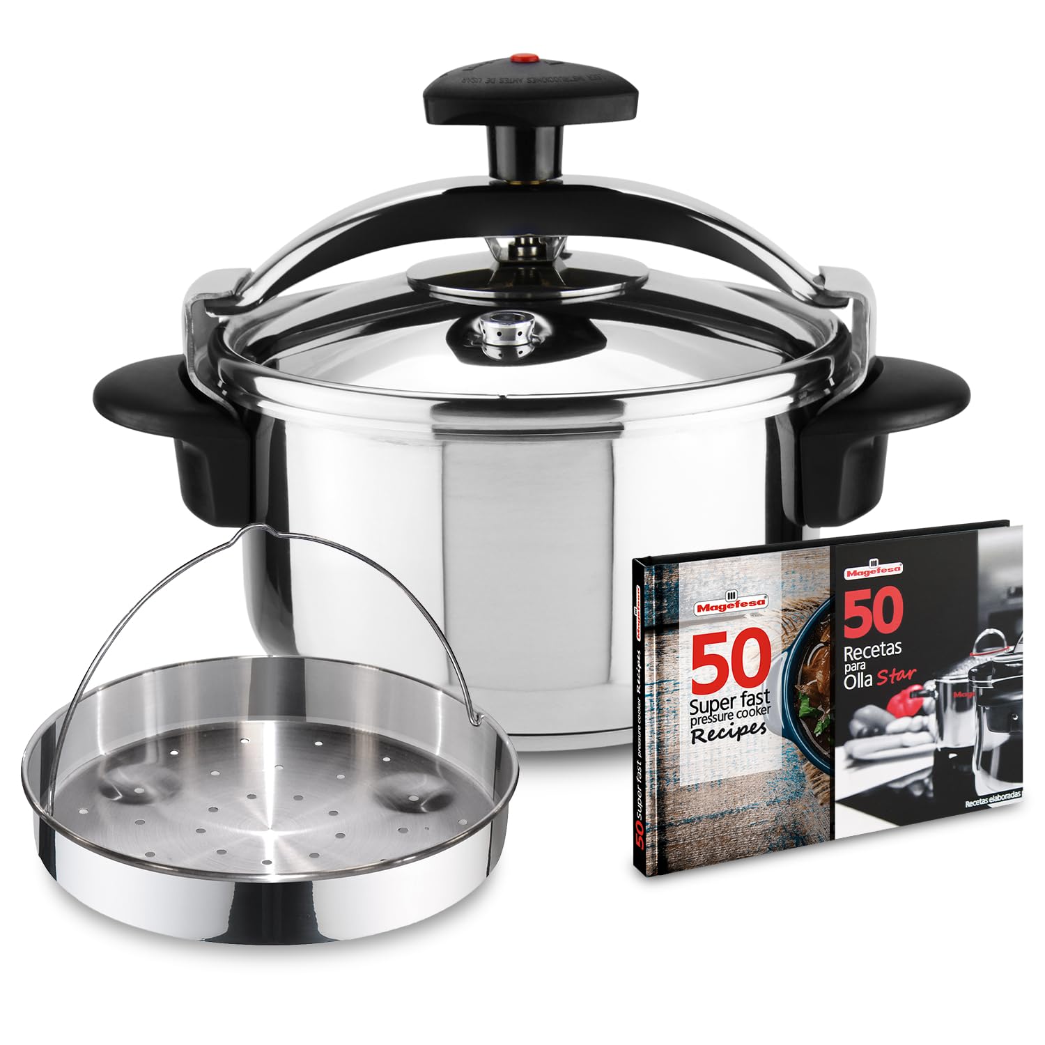 Magefesa Star Recta - Pack Exclusivo Olla Express Tradicional 4 Litros + Cestillo + Libro de Recetas, Acero Inoxidable 18/10, Apta para Inducción