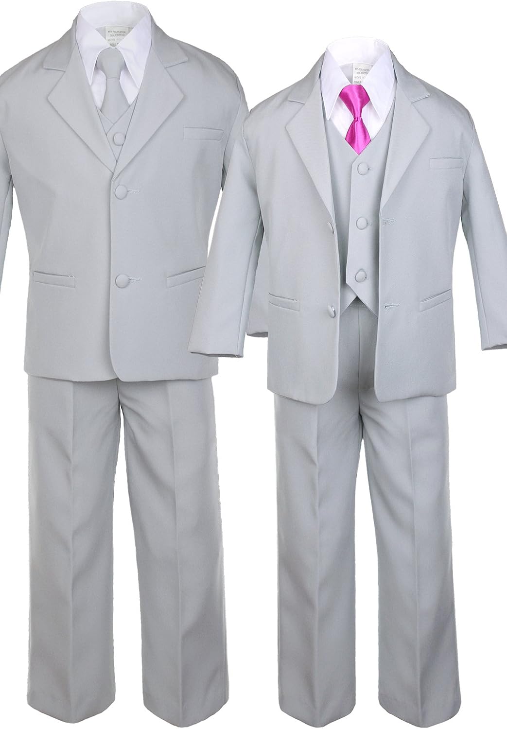 6pc Boy Gray Vest Formal Tuxedo Suits with Satin Fuchsia Pink Necktie Baby