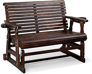 VINGLI Outdoor Glider Wood Patio Chair with Cup Holders