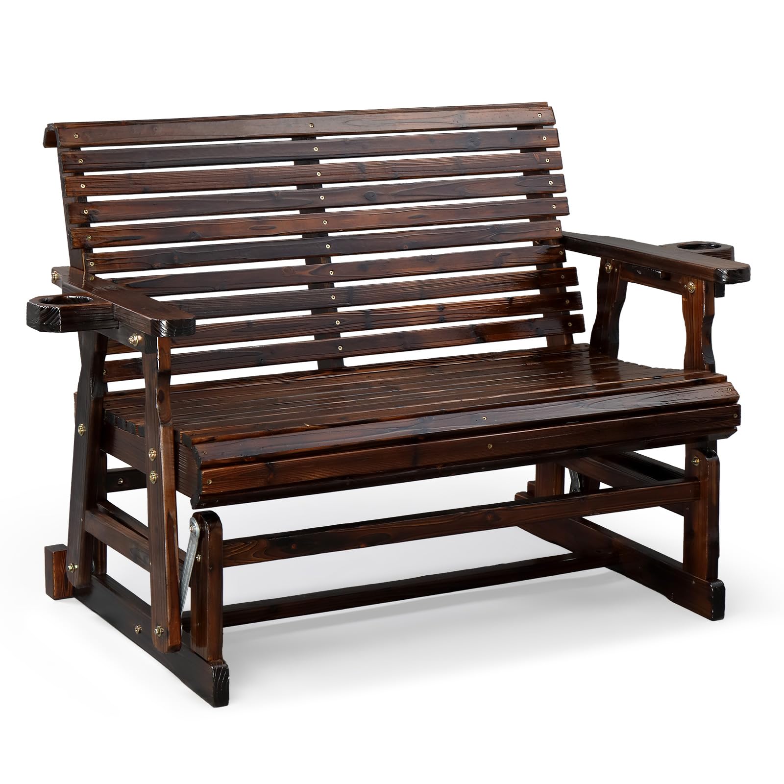 VINGLI Outdoor Glider Wood Patio Chair with Cup Holders, Outdoor Bench Glider Loveseat with Smooth Rocking Mechanism, Heavy Duty 800 LBS, Rustic