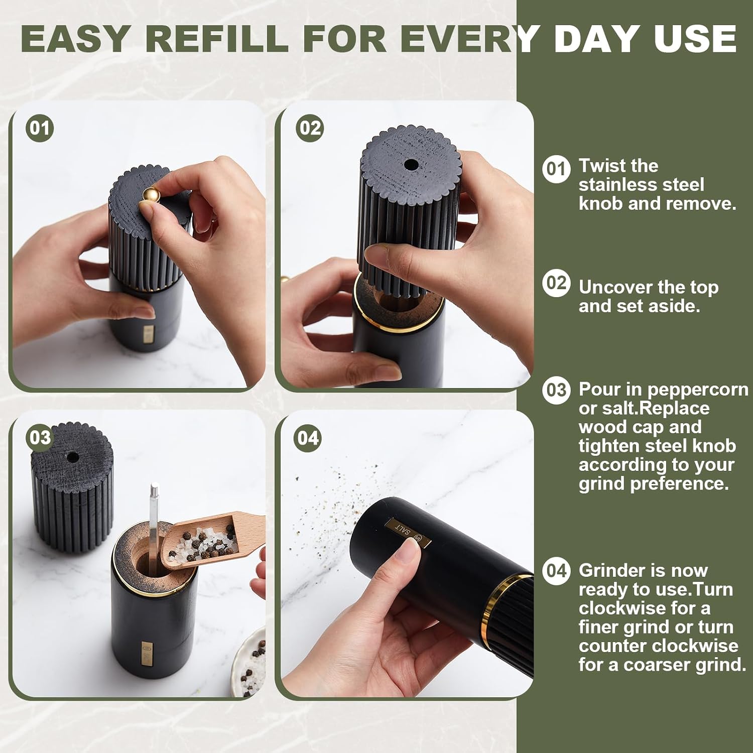 Wooden Salt and Pepper Grinder Set 8 Inch Manual Salt and Pepper Mill with Tray Adjustable Coarseness and Refillable Wood Grinders with Gold Bottle Label for Kitchen Gift(Black,White)