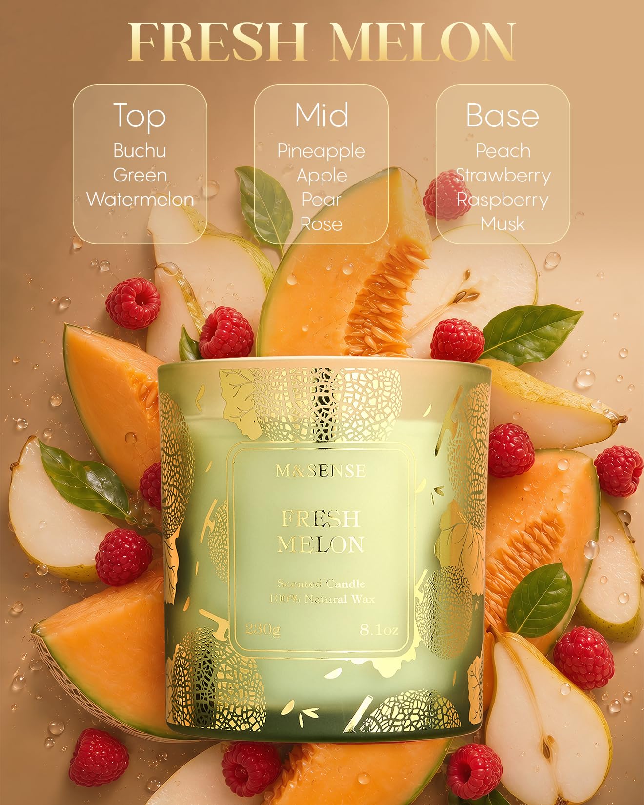 M&SENSE Świece Sojowe Wegańskie 230g - Naturalny Zapach Świeżego Melona, Długi Czas Palenia 42h, Odświeżacz Powietrza, Relaksacyjne, Pomysł na Prezent dla Rodziców