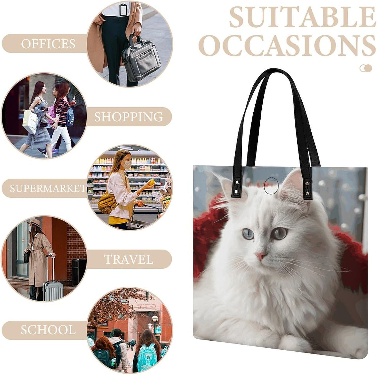 Cute White Cat Handbags Large Capacity, Tote Bag Stylish Slouchy, Shoulder Bags for Work Beach Travel And Shopping Grocery.