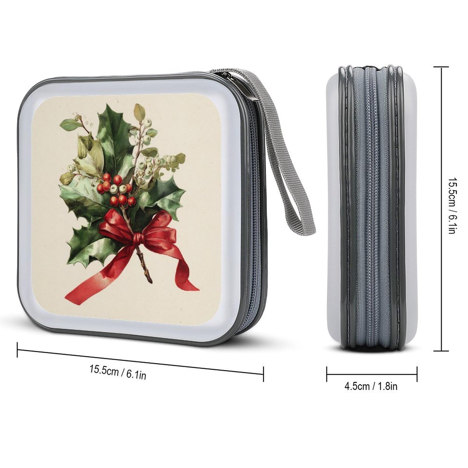 Christmas Holly Mistletoe with Red Bow CD Case DVD Storage Case Portable