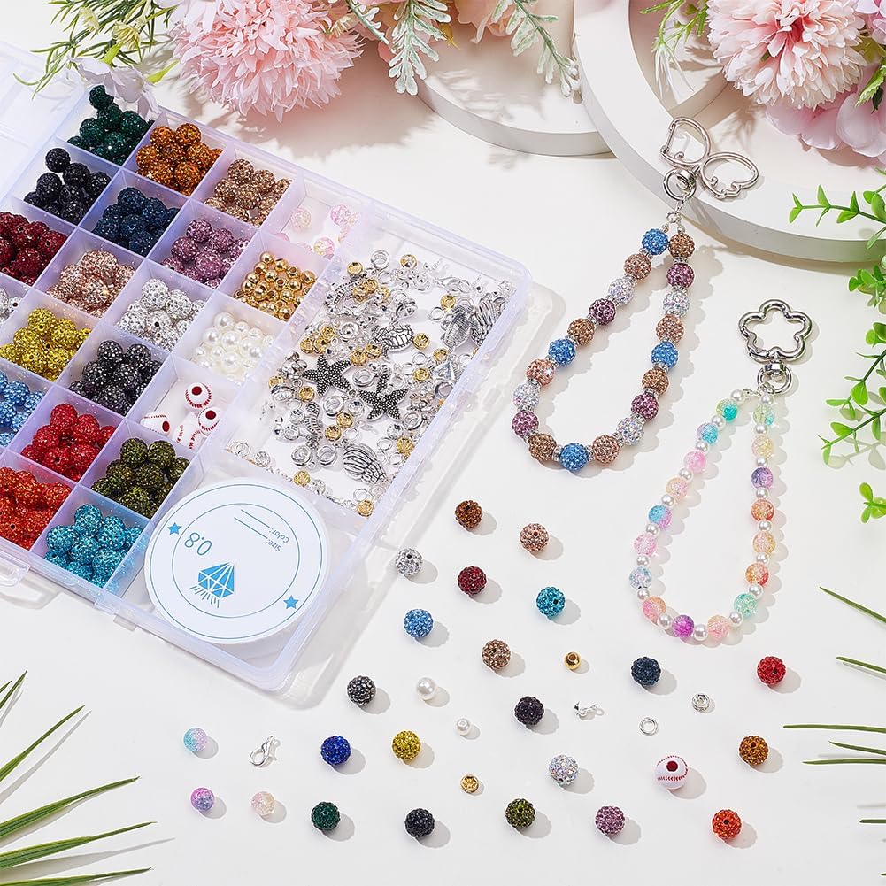 1 Box 572Pcs Rhinestone Beads Set 10mm Disco Ball Beads Round Clay Balls Set with Pearls Crackle Spacers Baseballs Charms Hardware for DIY Necklaces Friendship Bracelets Crafts Jewelry Making