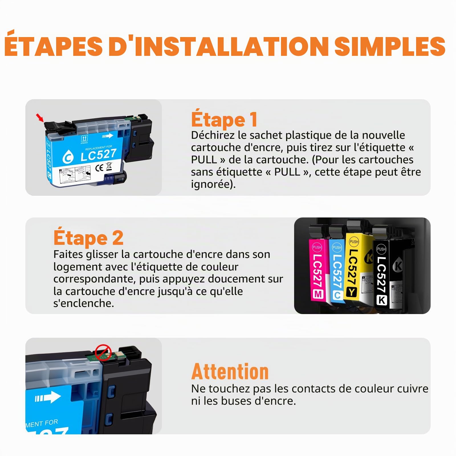 Cartouches LC527 Compatibles pour Brother LC 527 Cartouches Multipack | LC527 cartouches LC-527VAL Compatibles pour Brother MFC-J4350DW MFC-J4550DW ( 527BK, 527C, 527M, 527Y,4pk)
