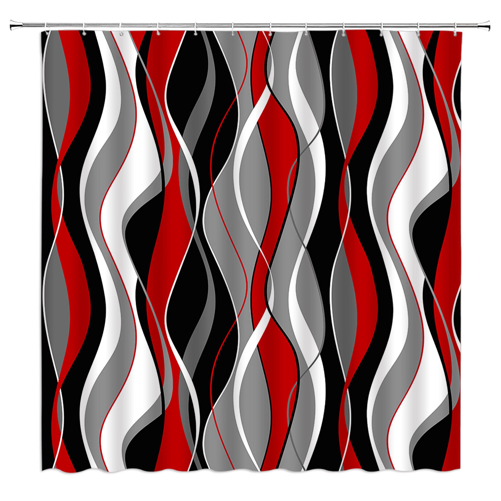 KTGHA Modern Geometric Shower Curtain Red Black Gray Geometric Abstract Striped Aesthetic Boho Fabric Bathroom Decor with Hooks（70" Wx70 H）