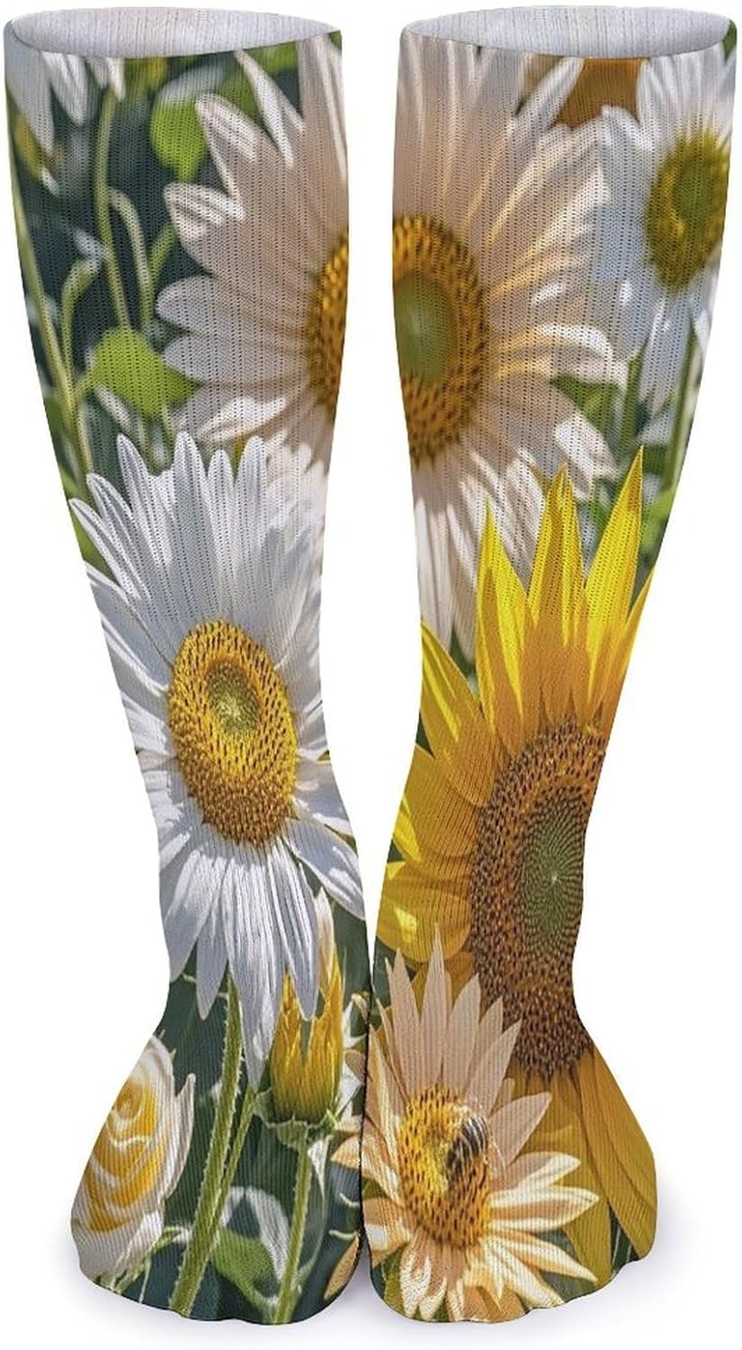 Sunflowers Daisy Rose Flowers Crew Socks Cozy Casual Calf Socks Lightweight Long Work Sock Breathable Athletic Sock for Hiking Sports Running 5 Pairs