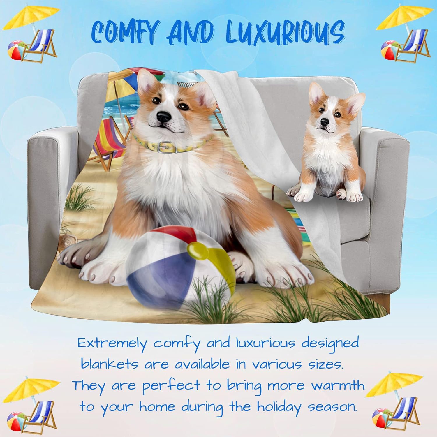 Pet Friendly Beach Welsh Corgi Dog Blanket - Lightweight Super Soft Cozy and Durable Bed Blanket - Animal Theme Fuzzy Blanket for Sofa Bed Couch BLNKT57166 (50x60 Sherpa)