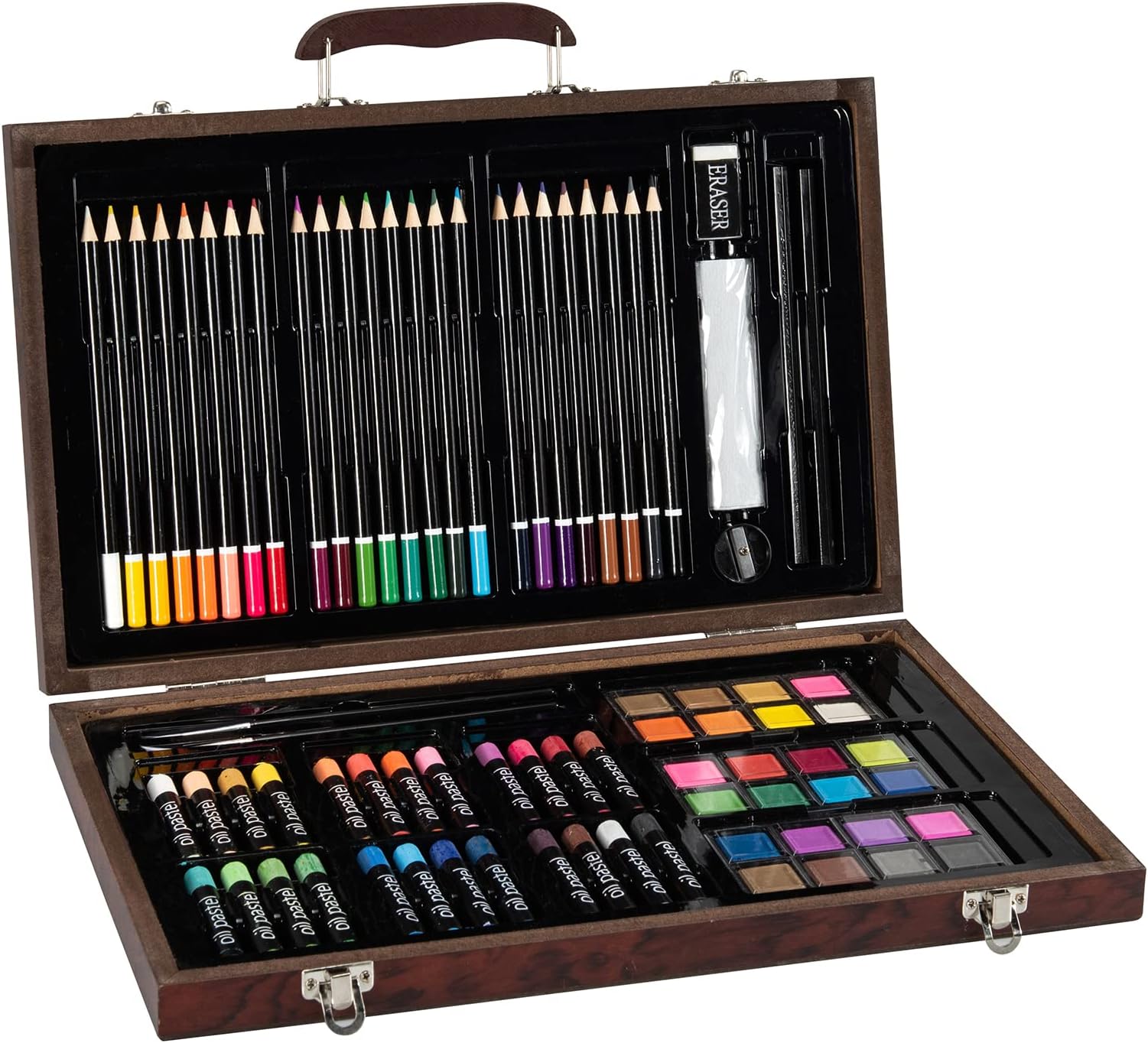COSTWAY 80 Piece Deluxe Art Set, Art School Creativity Drawing Kit for Beginners and Junior Artists, Includes a Portable Wooden Case, Perfect as Kids and Children Gift