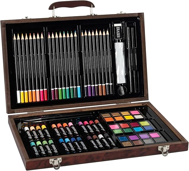 COSTWAY 80 Piece Deluxe Art Set, Art School Creativity Drawing Kit for Beginners and Junior Artists, Includes a Portable Wooden Case, Perfect as Kids and Children Gift