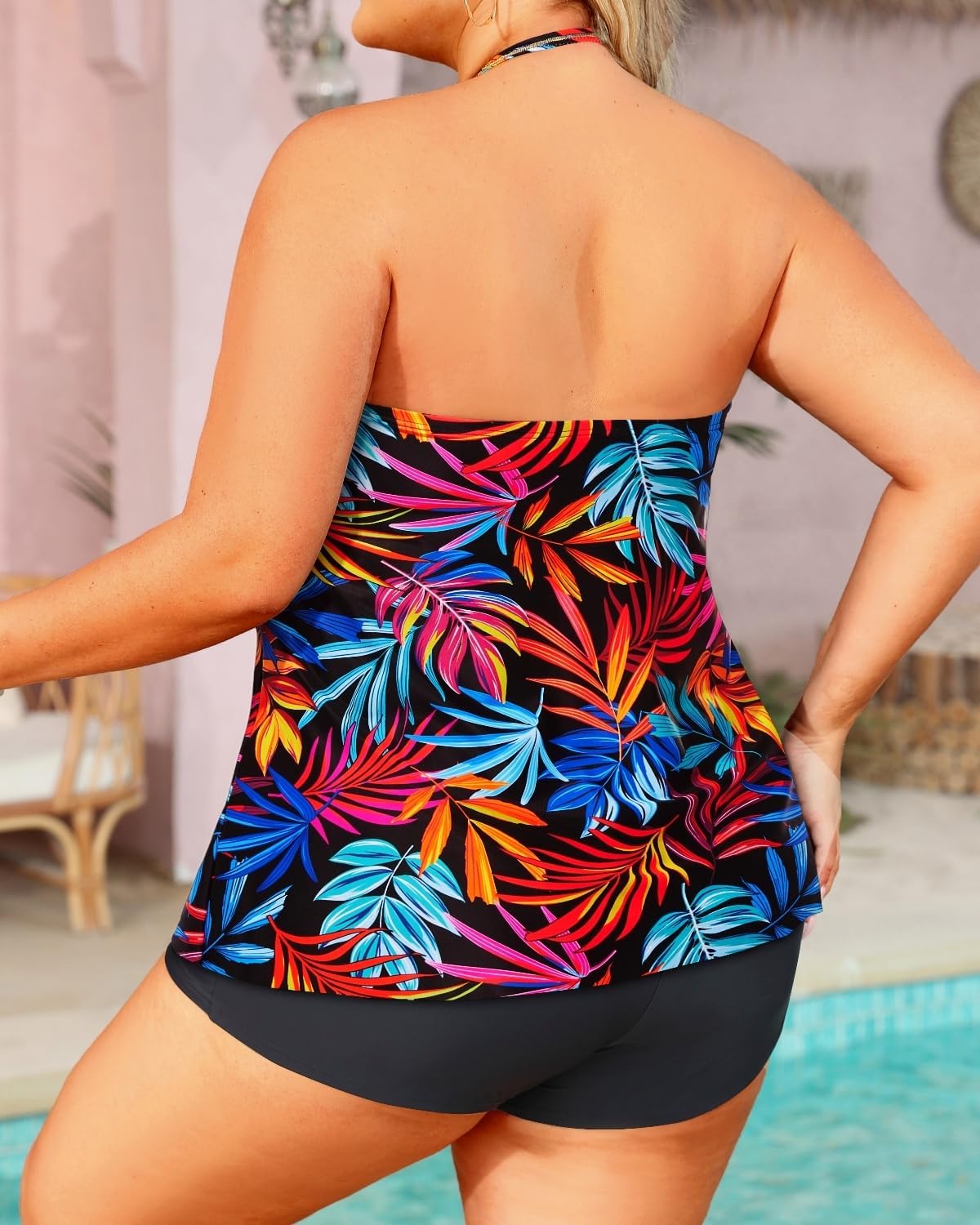 Daci Plus Size Bandeau Tankini Swimsuit for Women 2 Piece Halter Swim Top with Shorts Tummy Control Bathing Suits