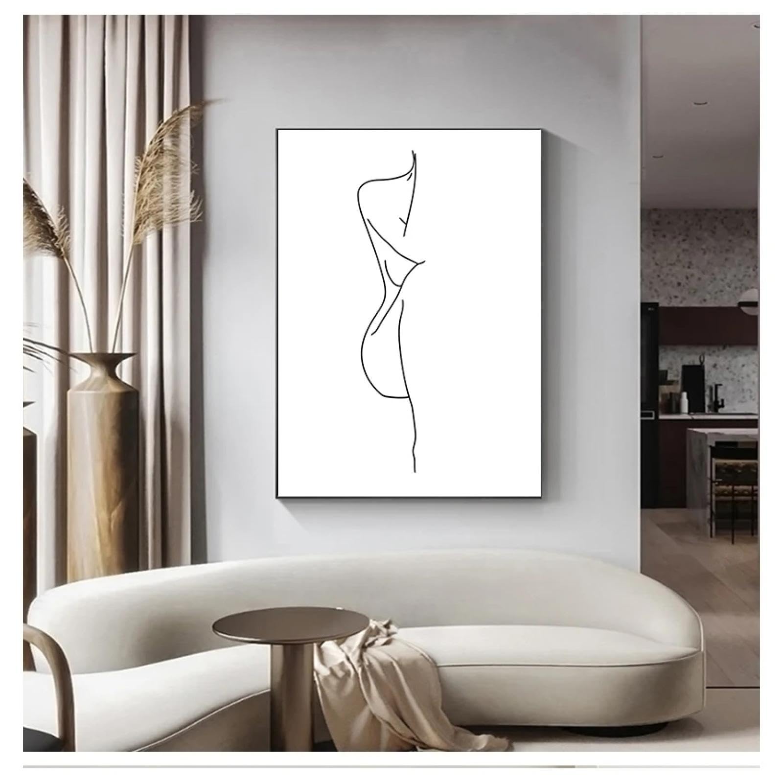 Arte Lienzo Pintura Negro Blanco Imagen Marco Negro Cartel Minimalista Mujer Cuerpo Línea Dibujo Figura Impresiones Decoración De La Pared Del Hogar 70X100cm Enmarcado