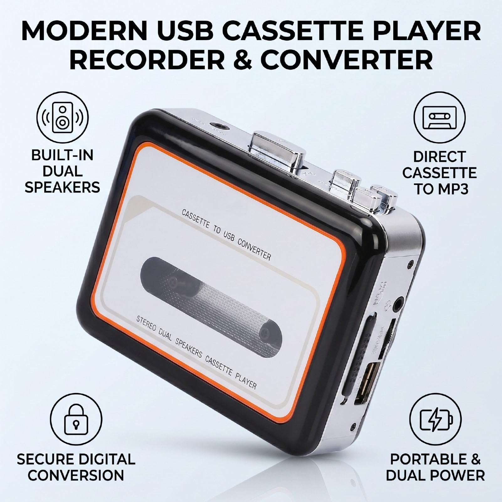 Annadue Lettore di Cassette USB Portatile con Doppi Altoparlanti Integrati per Anziani | Convertitore da nastro a MP3, batterie AA, registratore portatile a doppia alimentazione USB con cuffie da 3,5 mm