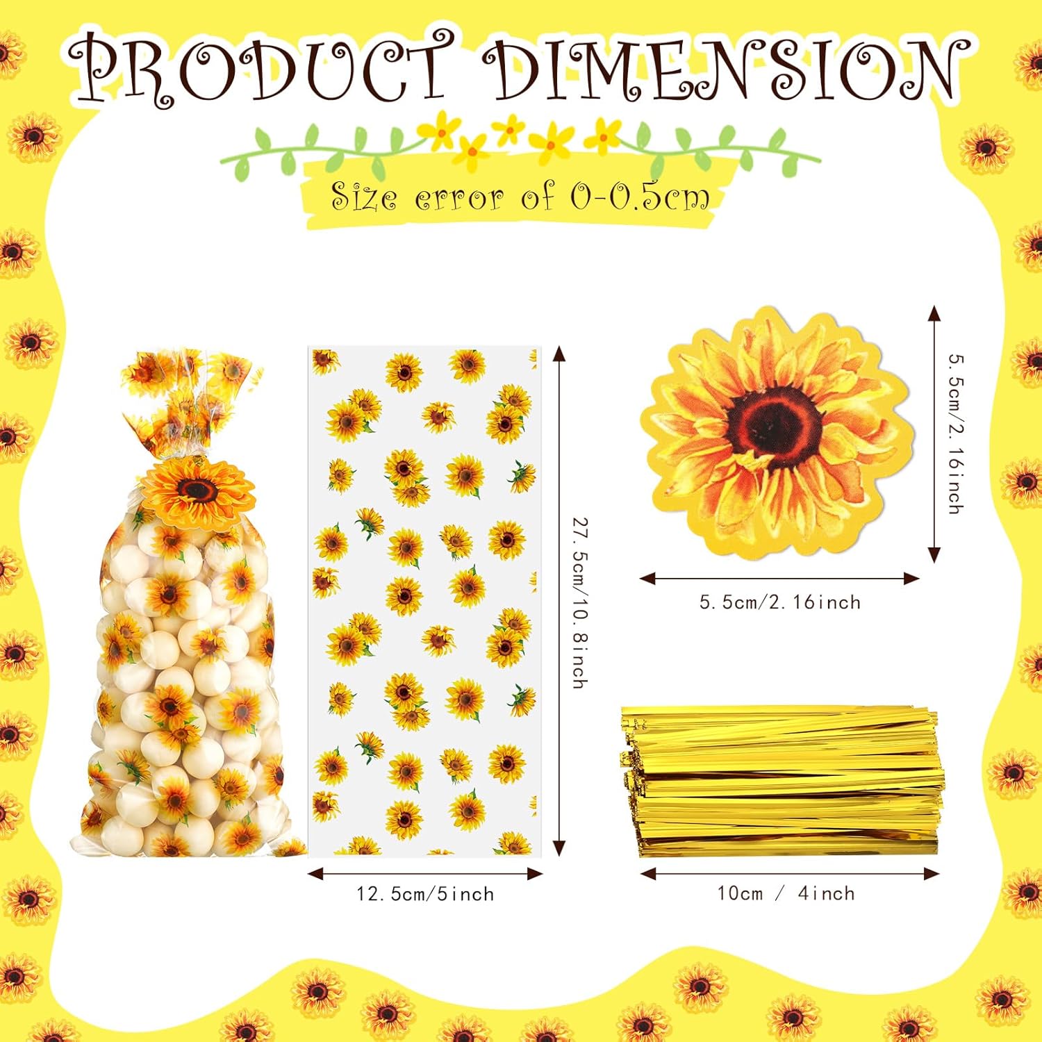 Gueevin 150 Set Sunflower Cellophane Treat Bags Bulk Goodie Candy Cookie Cello Bags with Twist Ties Gift Cards Party Favors for Party Supplies - Image 2