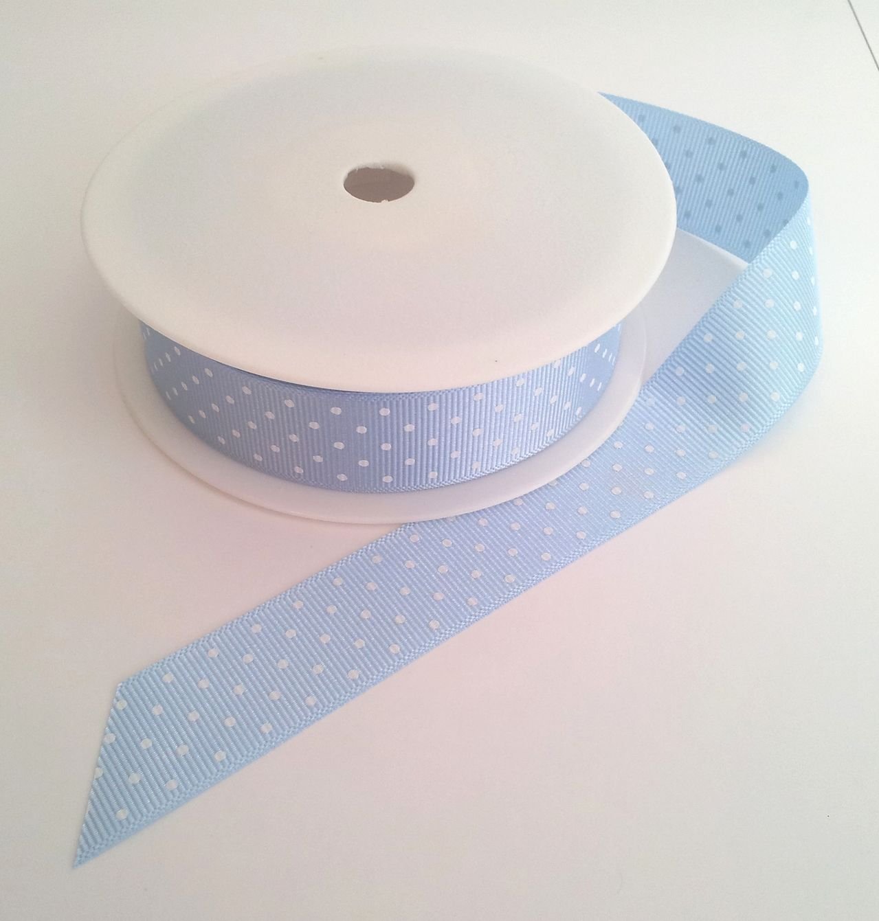 Rpribbon Blue 1 Metre Trim Of Pale With White Polka Dots Grosgrain Ribbon 22Mm Wide