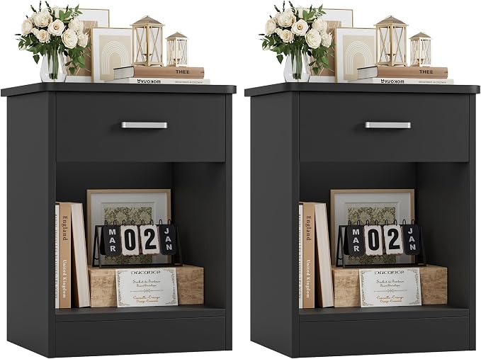 Nightstand, Set of 2, 2-Tier Side Table with Drawer and Storage Shelf, Bedside Table End Table, Modern Night Stand for Bedroom, Home Office,Black