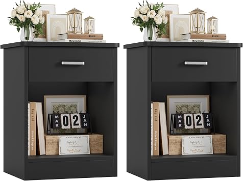 FOTOSOK Nightstand Set of 2, 2-Tier Side Table with Drawer and Storage Shelf, Bedside Table End Table, Modern Night Stand for Bedroom, Home Office,Black