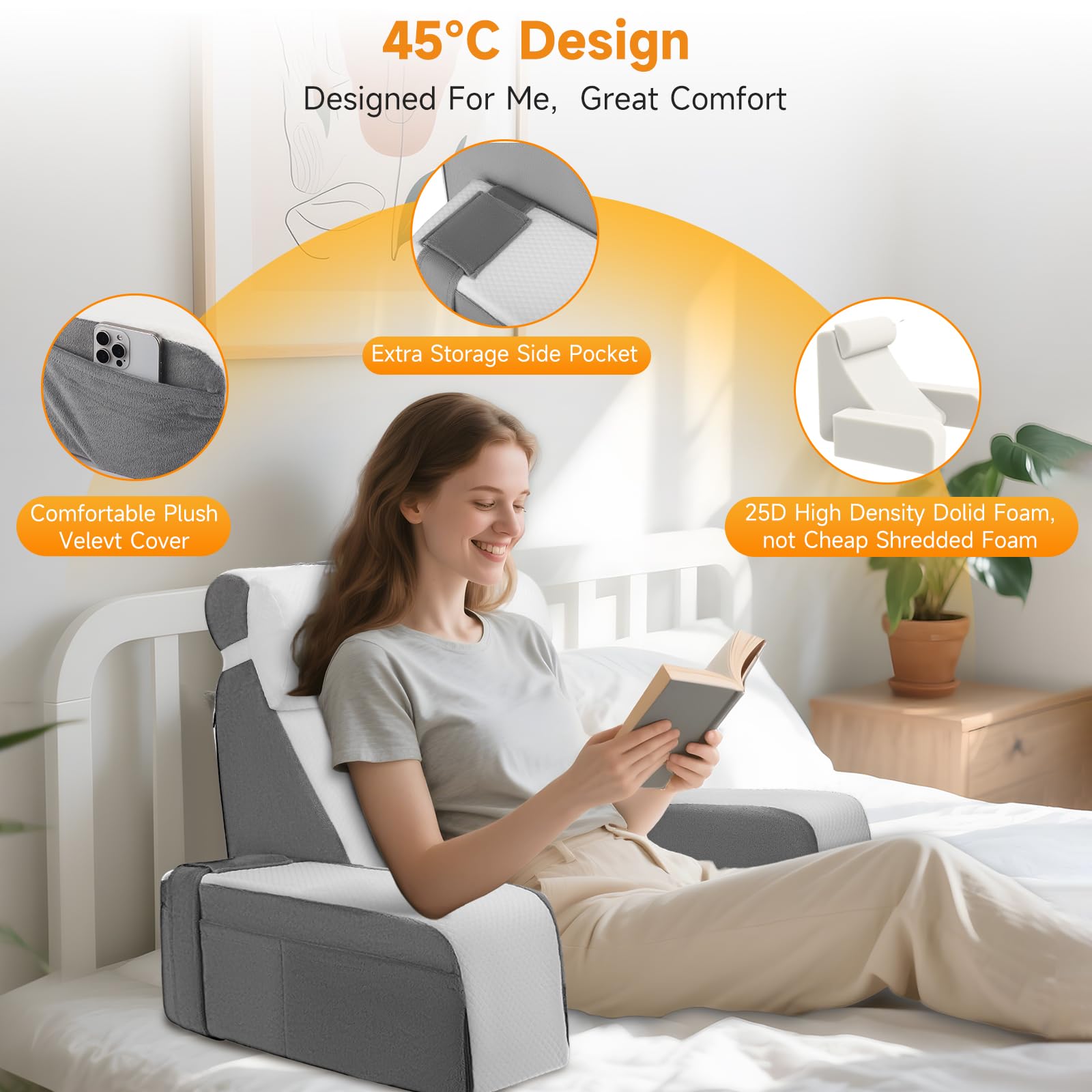 Lesekissen für Bett und Sofa, Rückenkissen aus Memory Foam mit Nackenkissen und Abnehmbaren Armlehnen, Erwachsenen Rückenkissen zum Lesen Fernsehen Videospiele