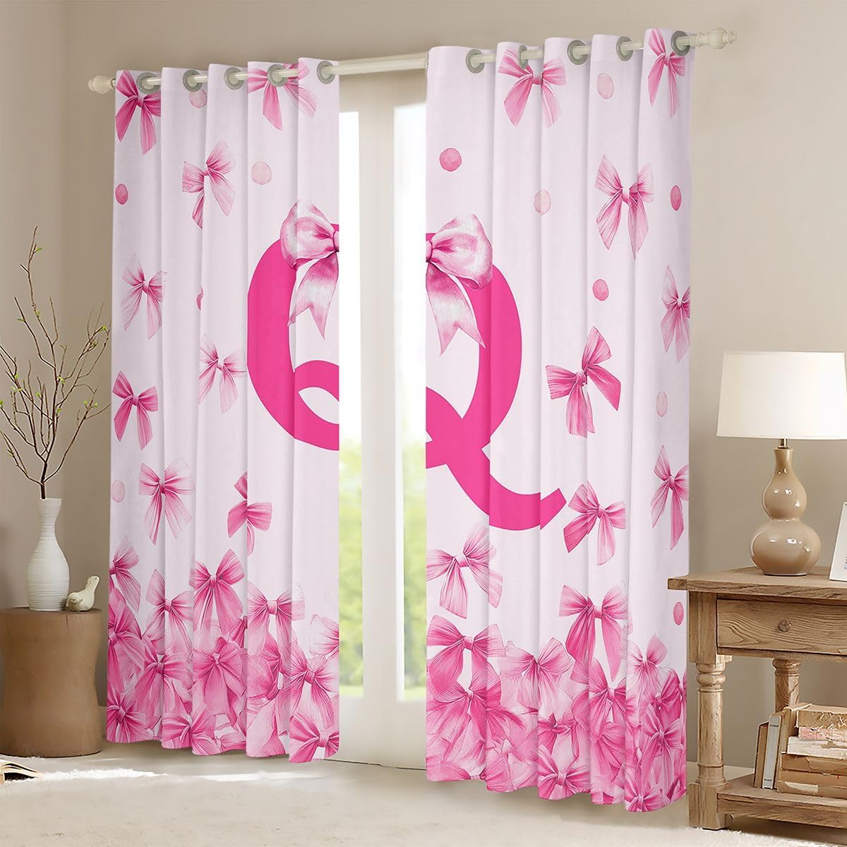 Feelyou Girls Cute Pink Bow Curtains Monogrammed Blackout Darkening Drapes Personalized Initial Window Treatments, 2 Panels 38 x 45 Inch Coquette Bow Room Decor Modern Fashion image 2