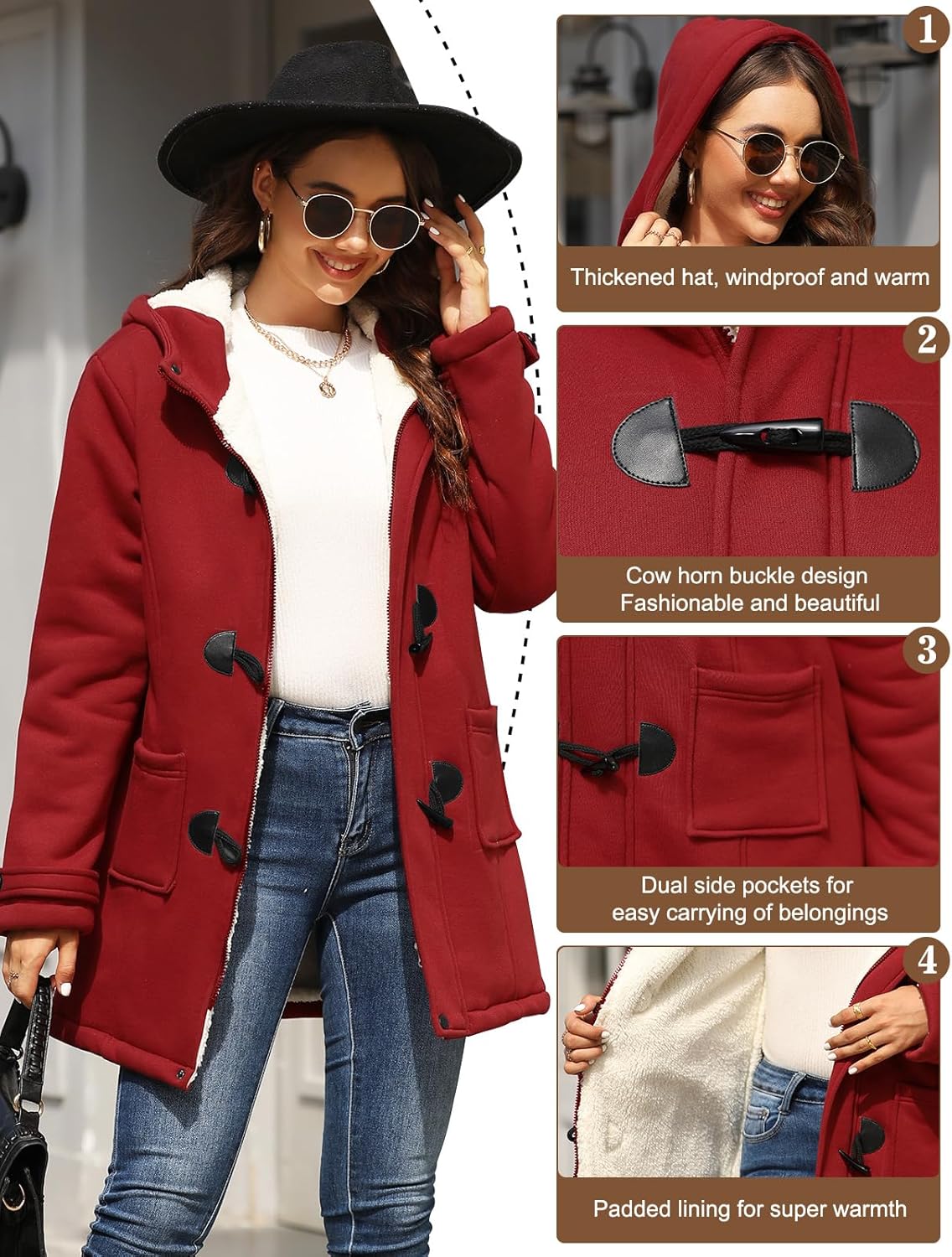 Womens Sherpa Lined Winter Coat Horn Button Fleece Jacket Thicken Zip Up Hoodies Winter Clothes Warm Sweatshirt - Image 3