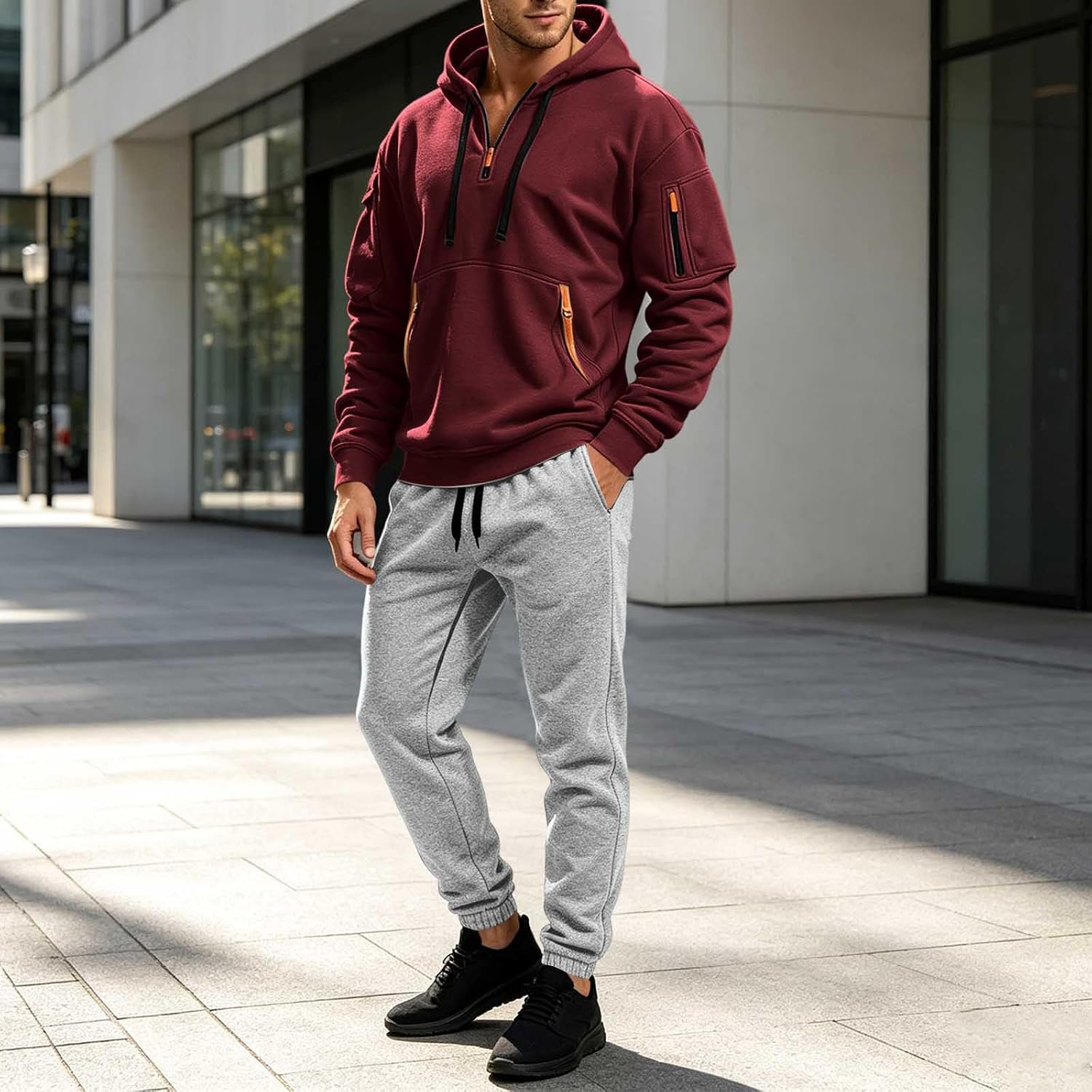 Men's Soft Half Zip Hoodie Set Grey Jogger Tracksuit