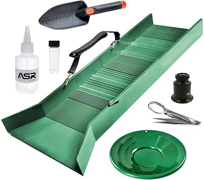 ASR Outdoor Sluice Box Gold Prospecting Kit Pan Vial Snifter Trowel Tweezer 7pc