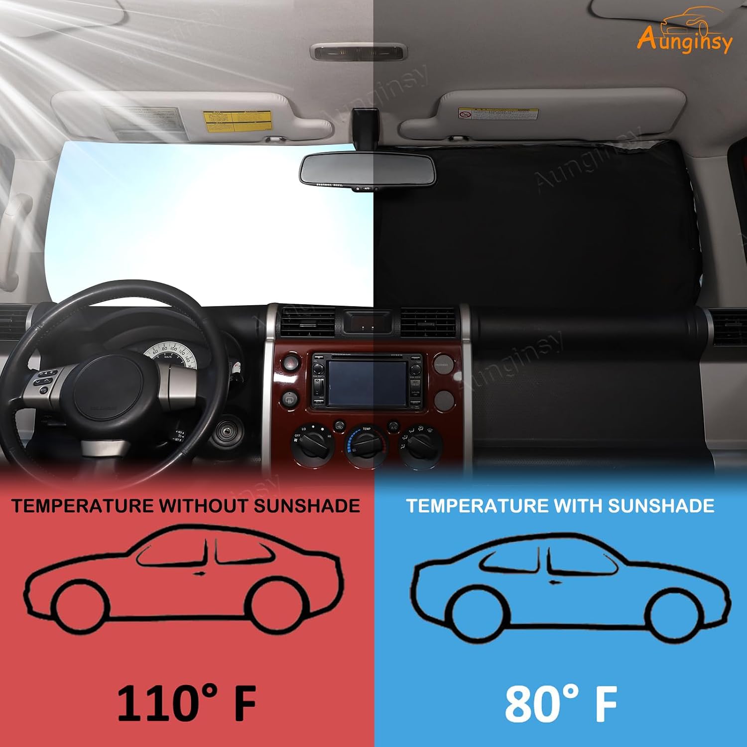 Aunginsy Front Windshield Sunshade Compatible with Toyota FJ Cruiser 2007-2021 Car Windshield Sunshades Foldable Reflective Sun Visor for UV Rays and Sun Heat Protection Car Cool Interior Accessories