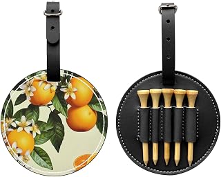 Yellow Blossom and Orange Fruits Printed Golf Tee Pouch Bag, PU Leather Tees Holder Ball Pocket Gifts for Golfer Men Women, Black