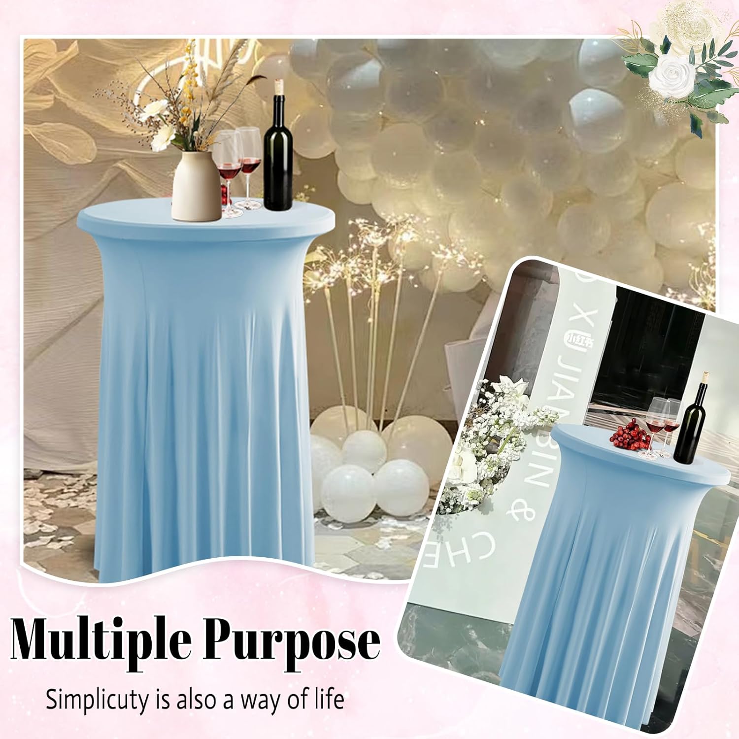 Qubjus 2 Pack Round Cocktail Tablecloths Stretch Table Skirt - 32x43 inch Bar High Top Stylish and Elegant Cocktail Table Covers for Parties, Weddings, Holidays - Light Blue