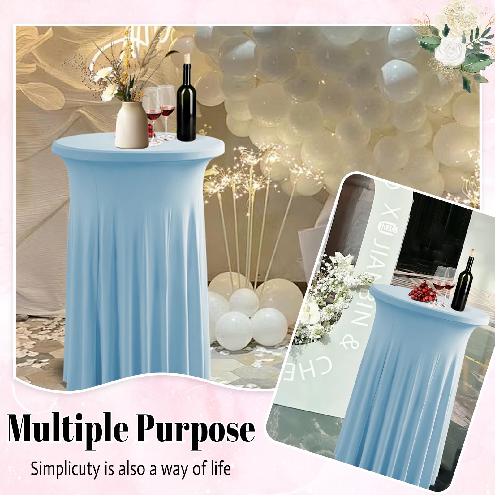 Lot de 2 nappes de table à cocktail rondes avec jupe - 81 x 100 cm - En élasthanne extensible - Nappe ronde pour fête, mariage, anniversaire, banquet - Bleu clair