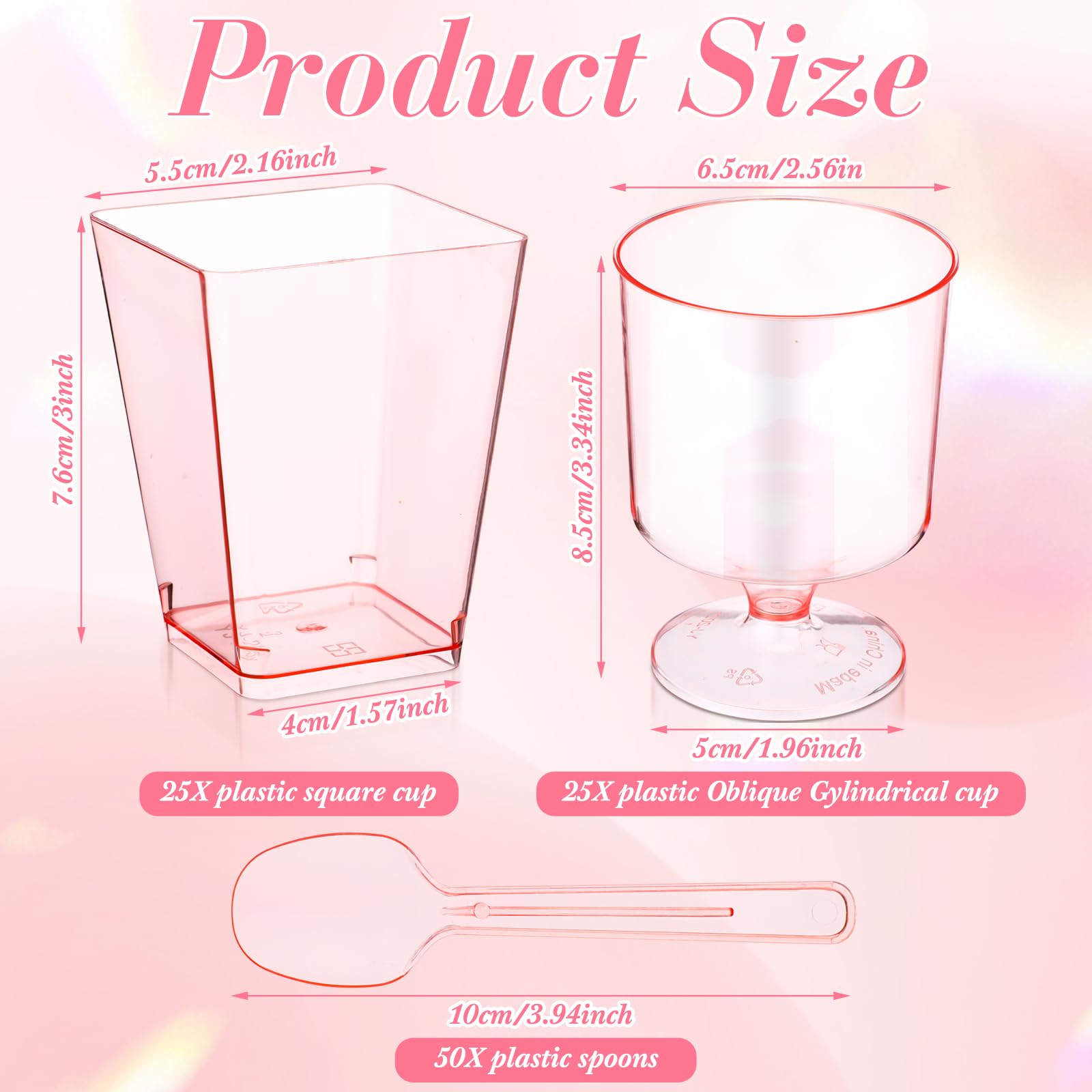 Funnymoom Paquete de 100 vasos de postre rosa con cucharas de 5 onzas, mini taza de postre de plástico transparente para postre, vasos cuadrados de chupito, cucharas redondas de plástico para frutas,