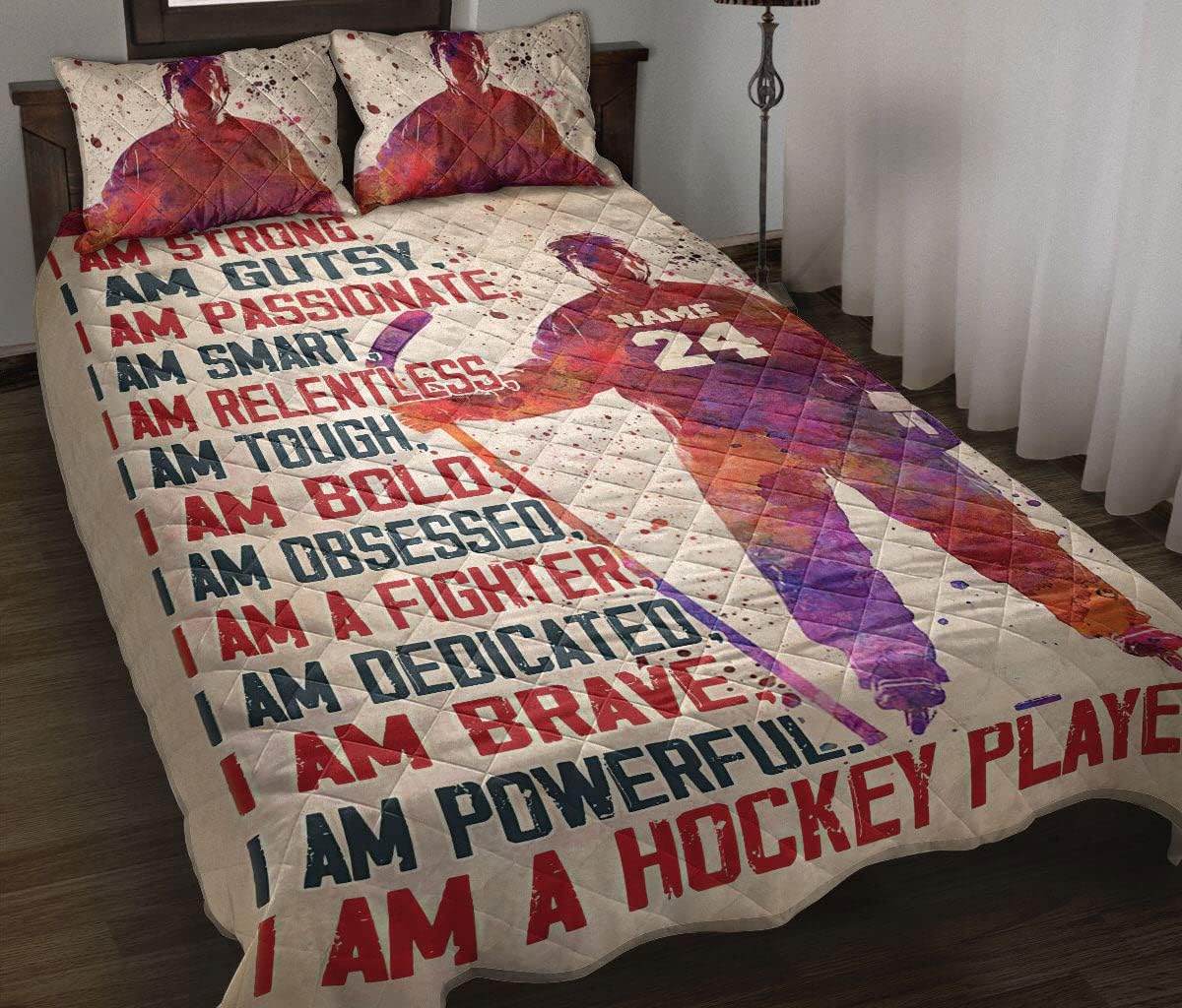 Personalized Hockey Quilt Set, Hockey Boy Watercolor Quilt Blanket with Pillowcases, Custom Name and Number Quilt Bedding Set MLANH1328