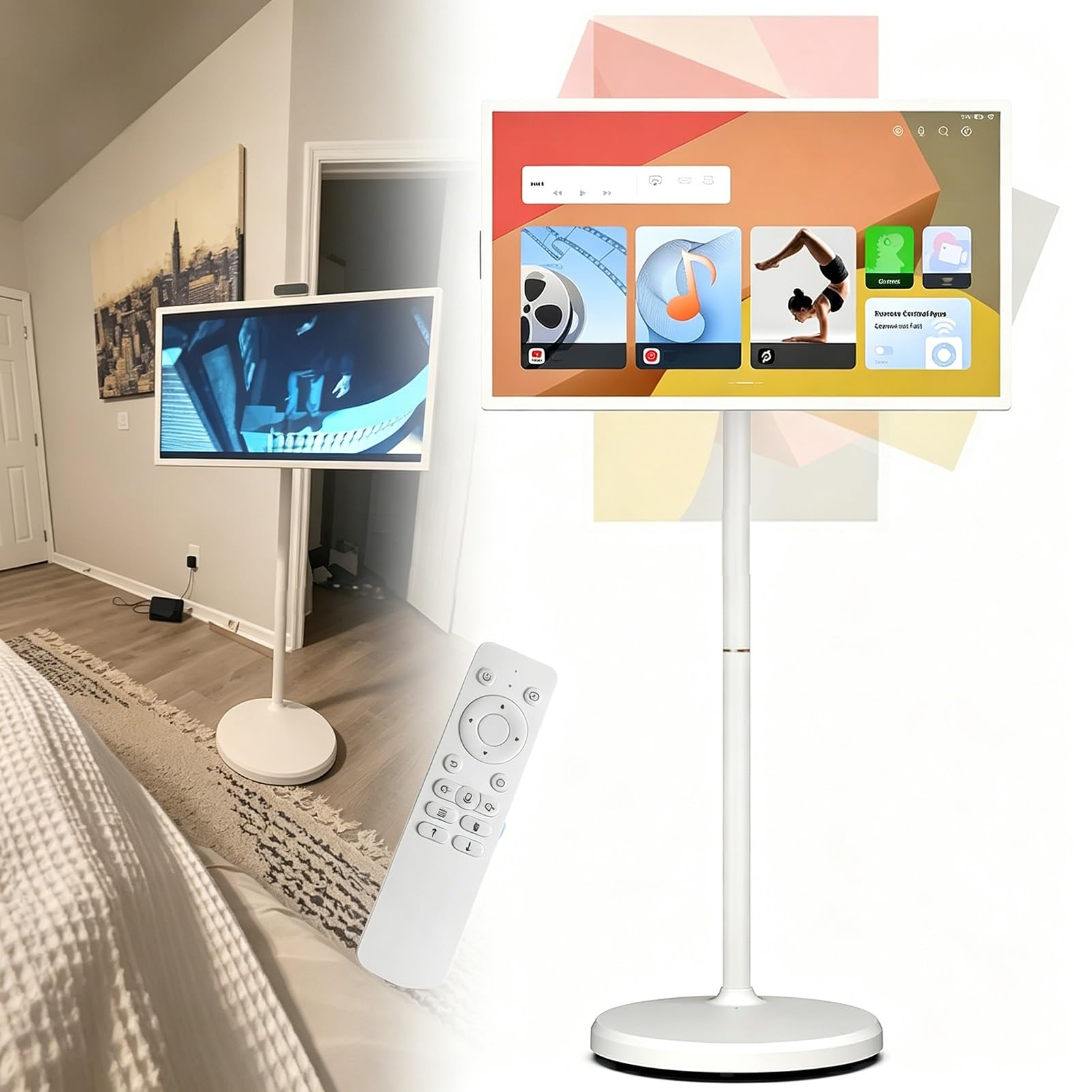 21.5" Television Portatil con Ruedas,Monitor MóVil con Pantalla TáCtil,Pantalla Inteligente Todo en uno con InclinacióN y RotacióN, BateríA Integrada 6000 Mah y Altavoz para Sala Estar y Dormitorio