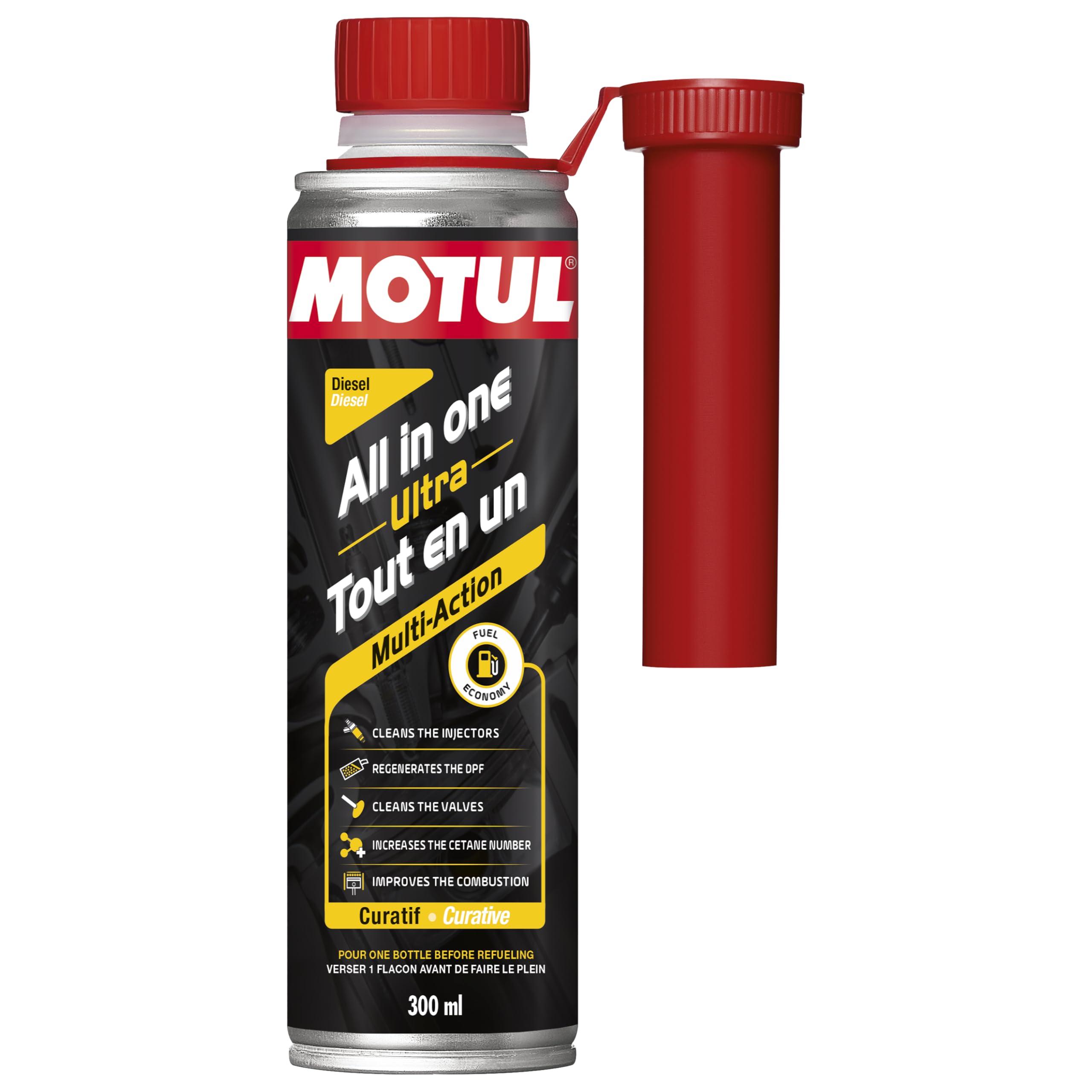 Motul - Additivo Diesel all in One - Detergente Curativo Multi-Azione - Riduzione dei Consumi e delle Emissioni - Ideale Prima della Revisione - all in One Ultra Diesel - 300 ml