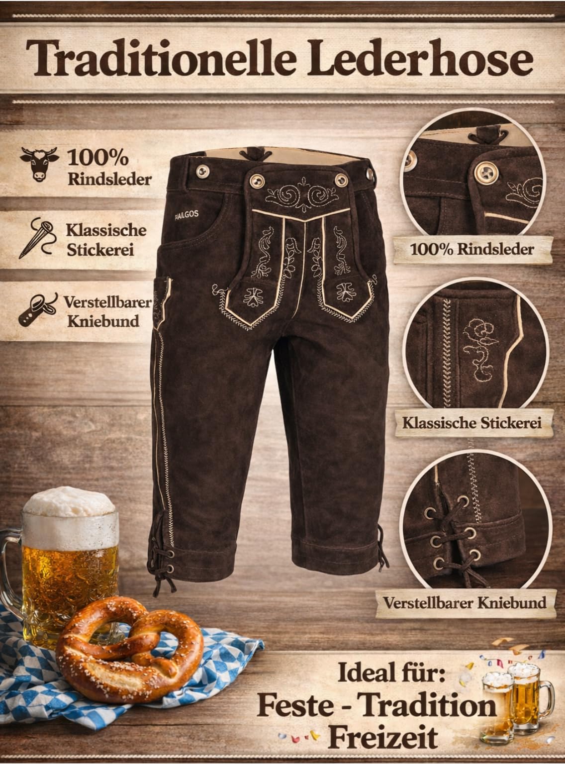 PAULGOS Herren Trachten Lederhose + Träger, Echtes Leder, Kniebund Übergröße in 4 Farben Gr. 44-72
