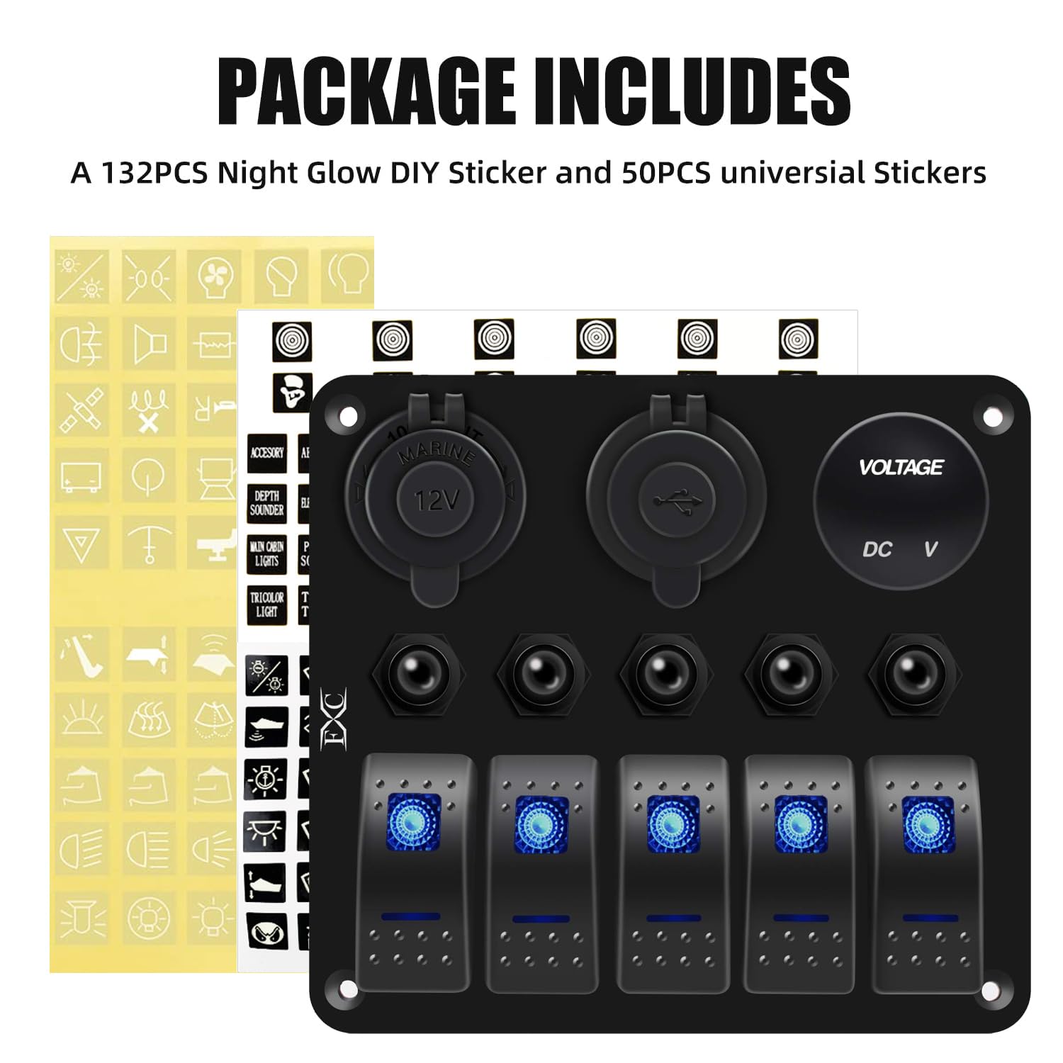 FXC Waterproof Marine Boat Blue Rocker Switch Panel 5 Gang with QC3.0 USB & Type-C Slot Socket + Cigarette Lighter +LED Voltmeter with Overload Protection Circuit Breaker for Car Rv Vehicles Truck