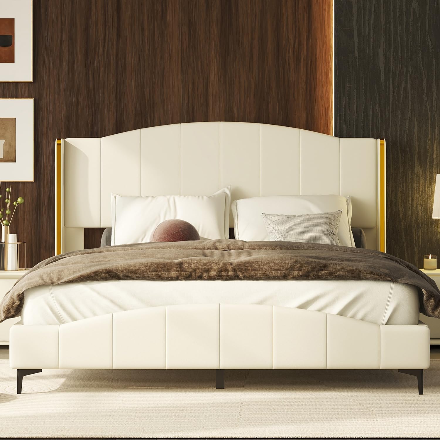 Gustonhon Queen Size Wingback Upholstered Platform Bed Frame in a modern bedroom setting.