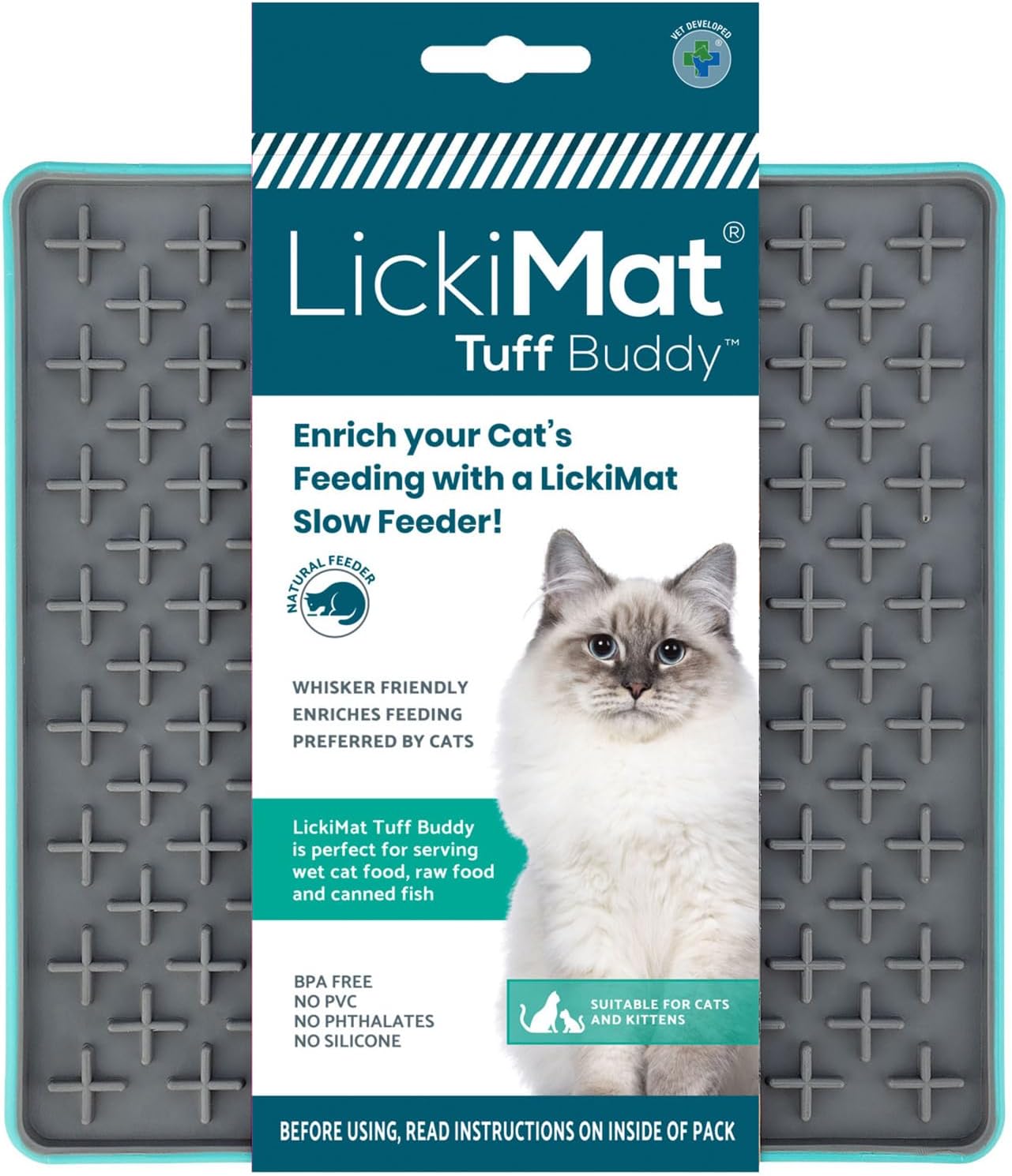 Tuff Cat, Heavy-Duty Buddy, Cat Slow Feeder Lick Mat, Boredom Anxiety Reducer; for Food, Treats, Yogurt, or Peanut Butter. Fun Alternative to a Slow Feed Bowl or Dish, Turquoise