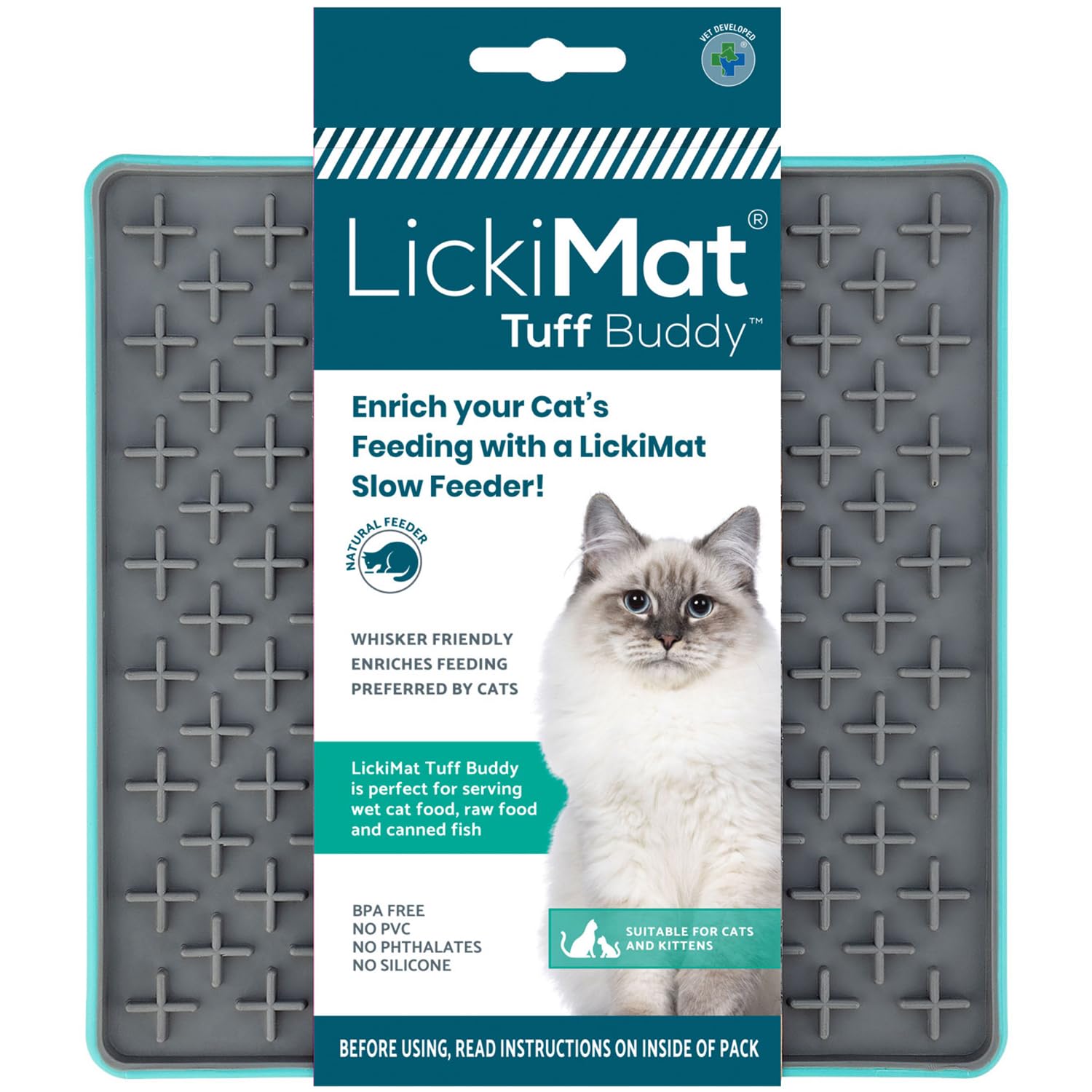 Tuff Cat, Heavy-Duty Buddy, Cat Slow Feeder Lick Mat, Boredom Anxiety Reducer; for Food, Treats, Yogurt, or Peanut Butter. Fun Alternative to a Slow Feed Bowl or Dish, Turquoise