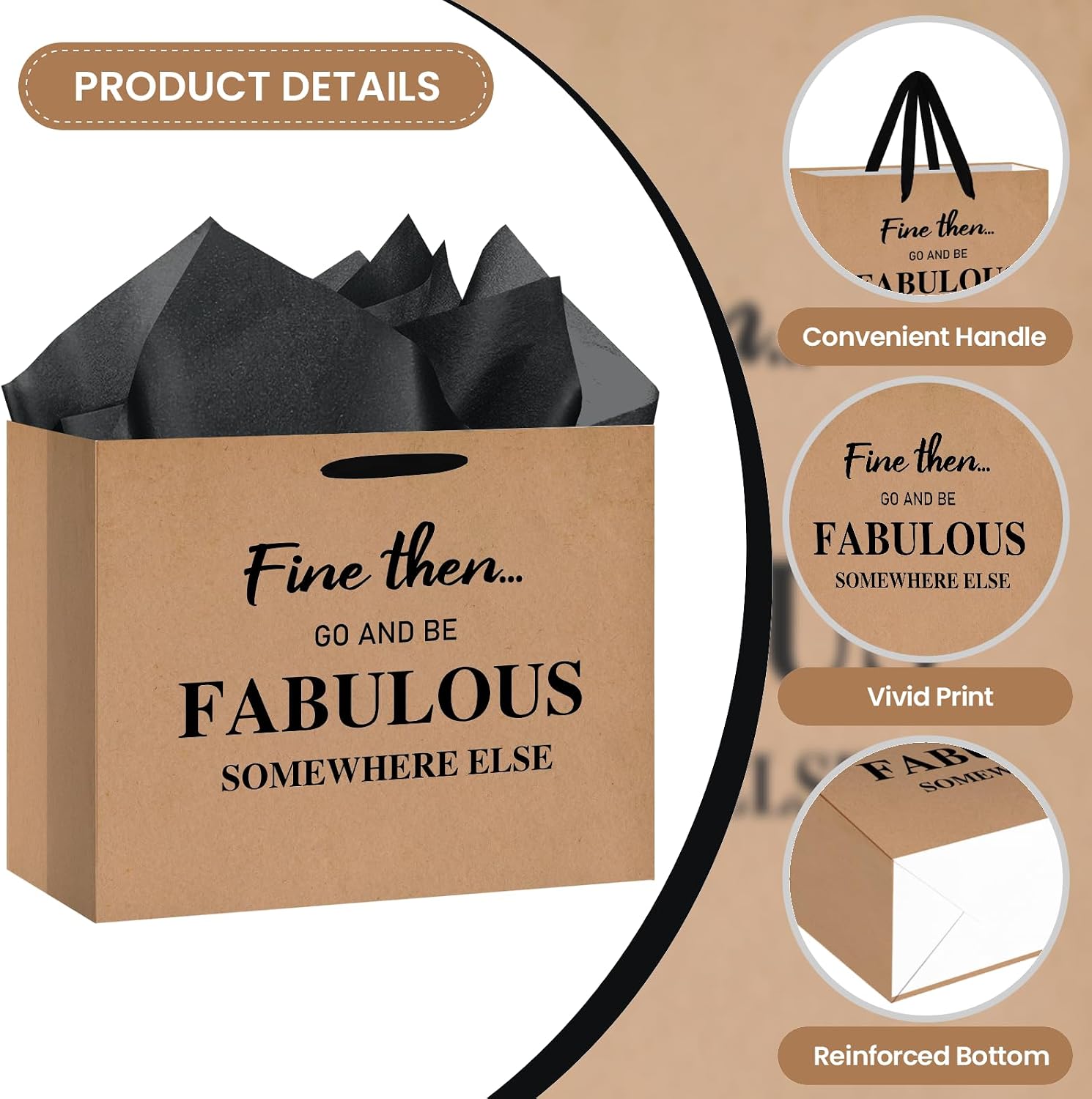 Vintage Coworker Leaving Gift Bag Kraft Style Brown with 3 Black Tissue Paper and Greeting Card Fine Then Go Be Fabulous Going Away Present for Employee Retirement New Job Farewell Party Decor image 4