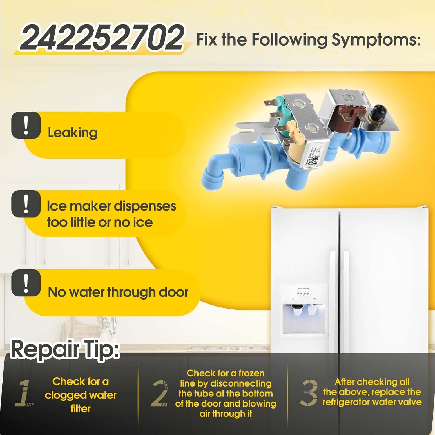 242252702 Refrigerator Water Inlet Valve for Frigidaire Kenmore Electrolux Crosley, Replace 240321801 240505101 240505102 240508101 240508102 240531101 241734301 241734302 7241734301 2692163 etc.