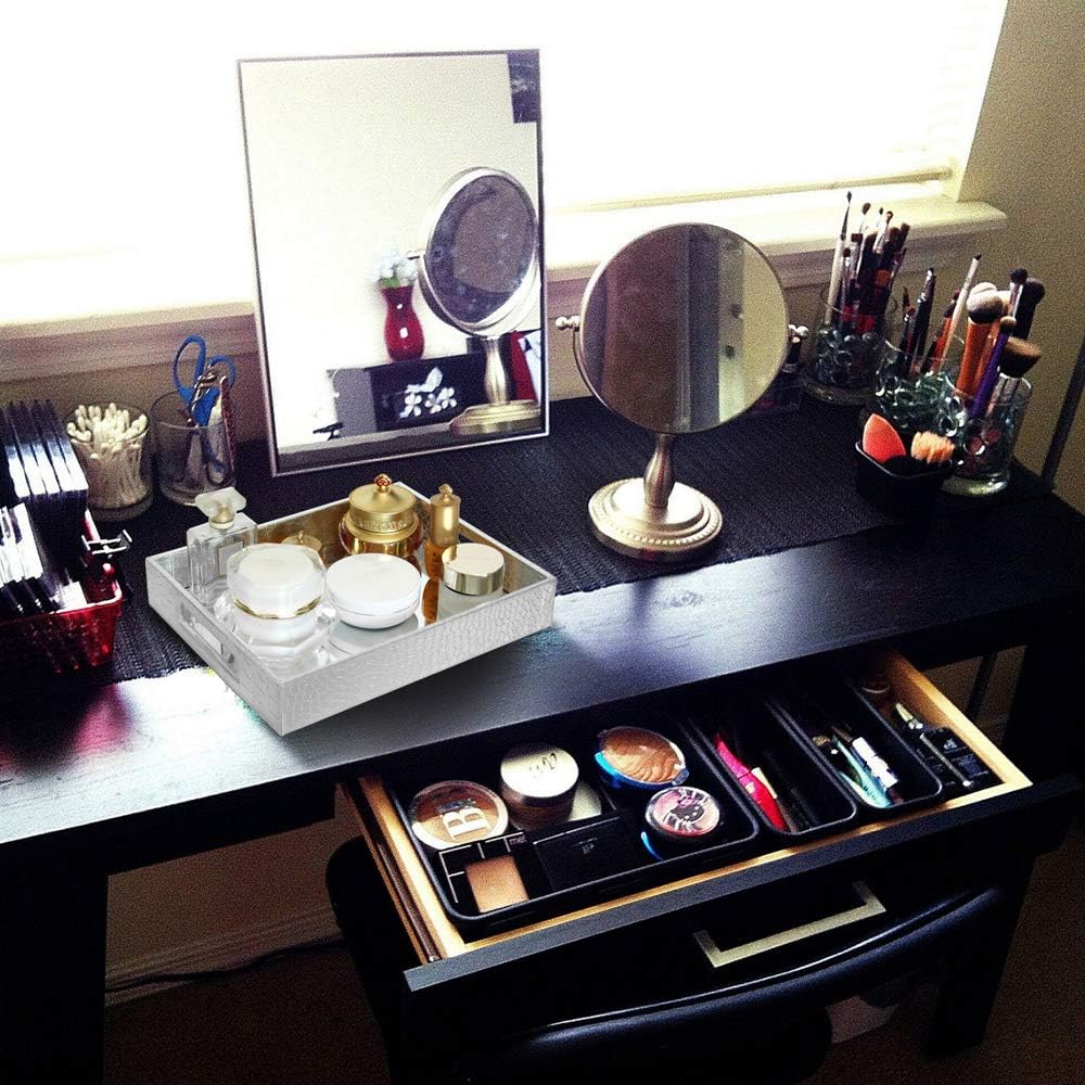 Vixdonos Decorative Mirror Tray,Silver Vanity Tray,Leather Catchall Organizer for Makeup,Perfume and Cosmetic on Dresser or Coffee Table(Small, Silver) - Image 5
