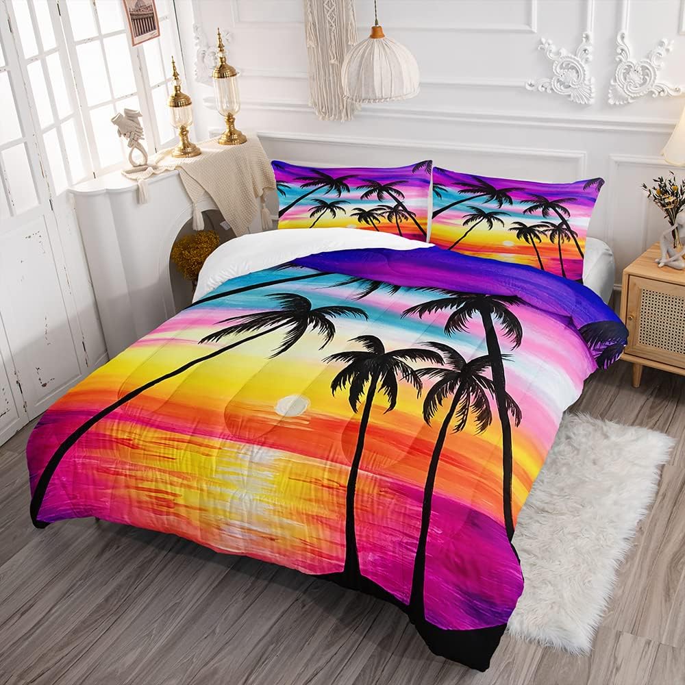 Suncloris Tropical Sunset Palm Tree Comforter Set for Kids and Adults, Queen Size Sea Ocean Sunset Quilt Bedspreads with 2 Silhouette Sunset Pillowcases - 90" x 90" (Queen, Yellow)