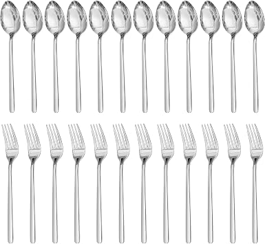 KINGSTONE 24 PCS 18/10 Stainless Steel Forks And Spoons, 12 8-Inch Dinner Forks And 8-Inch Dinner Spoons, Flatware Set For Home, Kitchen, Weddings, Parties Or Restaurant, Dishwasher Safe